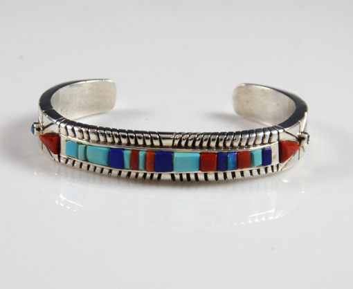 Turquoise, Lapis, and Coral Inlaid Bracelet by Doug Nava