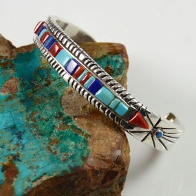 Turquoise, Lapis, and Coral Inlaid Bracelet by Doug Nava Sedona Indian Jewelry