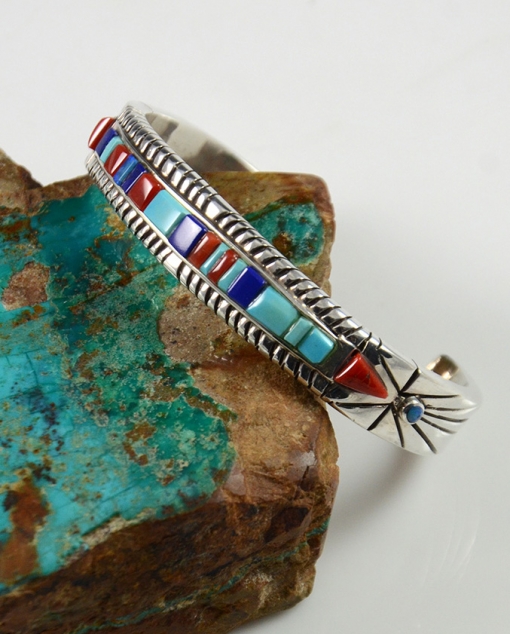 Turquoise, Lapis, and Coral Inlaid Bracelet by Doug Nava Sedona Indian Jewelry