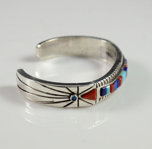 Turquoise, Lapis, and Coral Inlaid Bracelet by Doug Nava