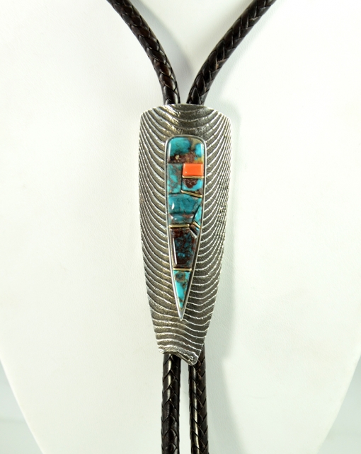 Silver Bolo Tie inlaid With Bisbee Turquoise and Coral