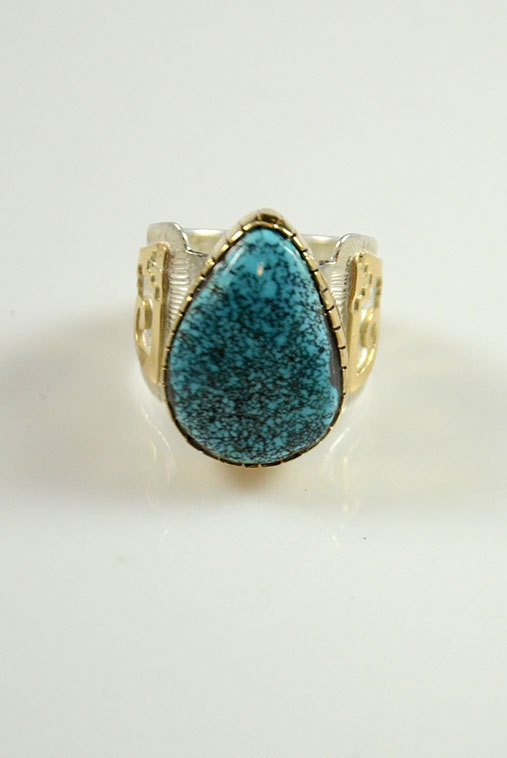 Gold on Silver Ring with Lone Mountain Turquoise by Dina Huntinghorse