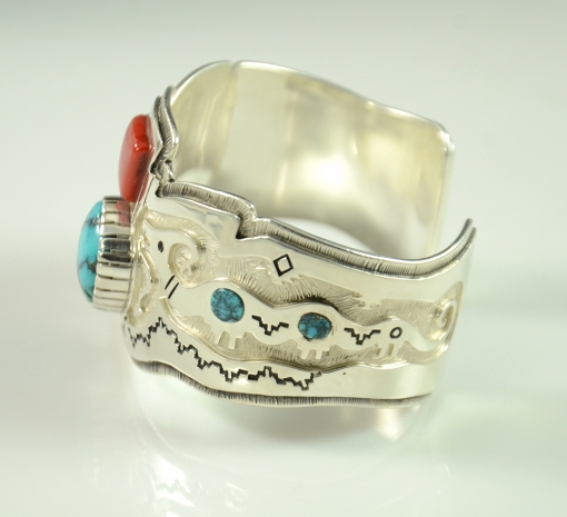 Lone Mountain Turquoise and Coral Silver Bracelet