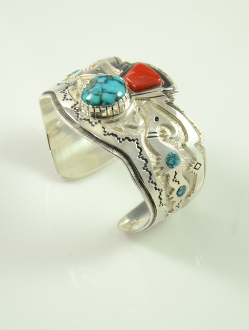 Dina Huntinghorse Lone Mountain Turquoise and Coral Silver Bracelet
