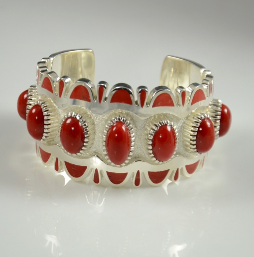 Silver and Coral Bracelet by Navajo Artist Vernon Haskie, Sedona Native American Jewelry, Sedona Indian Jewelry, Navajo Bracelet