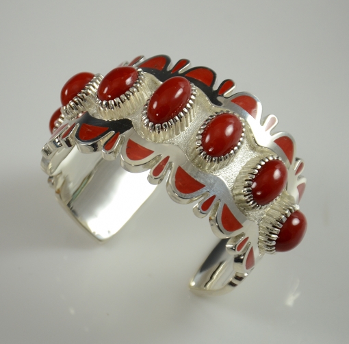 Silver and Coral Bracelet by Navajo Artist Vernon Haskie, Sedona Native American Jewelry, Sedona Indian Jewelry, Navajo Bracelet