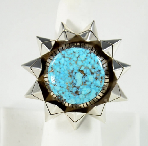 Kingman Turquoise Sun Ring by San Filipe Artist Isaiah Ortiz, Sedona Indian Jewelry, Turquoise Jewelry