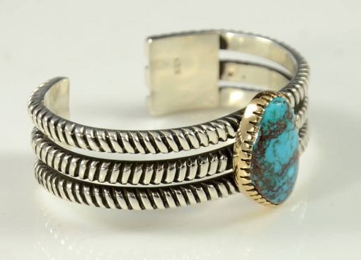 Sedona Indian Jewelry, Turquoise Jewelry, Silver Gold Bracelet with Bisbee Turquoise by Navajo Artist Kee Yazzie Jr