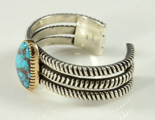 Sedona Indian Jewelry, Turquoise Jewelry, Silver Gold Bracelet with Bisbee Turquoise by Navajo Artist Kee Yazzie Jr