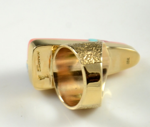 18Kt Gold Ring with Coral and Turquoise by Sonwai Verma Nequatewa
