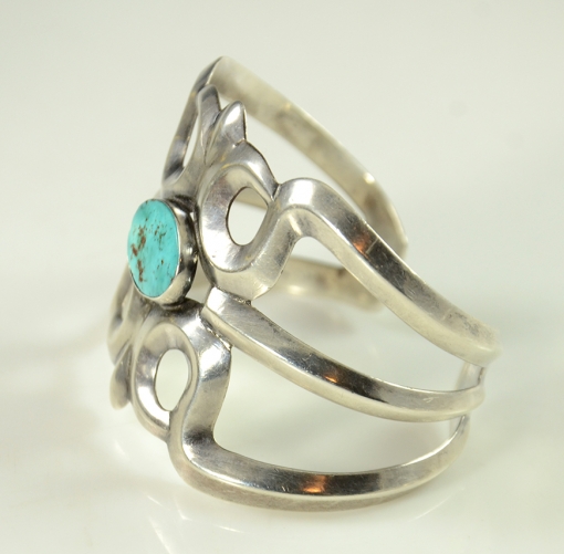 Vintage Sterling Silver Sandcast Navajo Arts and Crafts Guild Bracelet with Natural Turquoise, Circa 1960's.