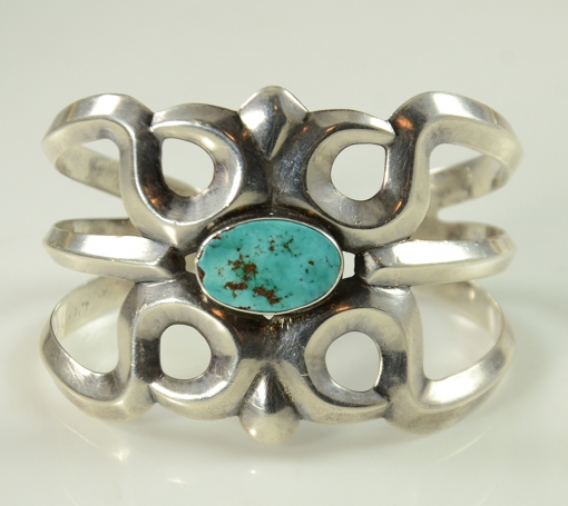 Vintage Sterling Silver Sandcast Navajo Arts and Crafts Guild Bracelet with Natural Turquoise, Circa 1960's.