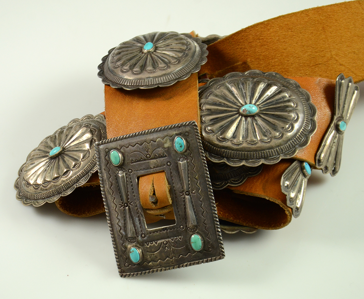 Old West Nickel Silver Concho Belt on Brown Leather