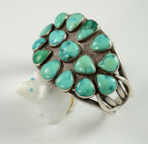 Vintage Navajo Silver and Fox Turquoise Cluster BraceletVintage Navajo Silver and Fox Turquoise Cluster Bracelet