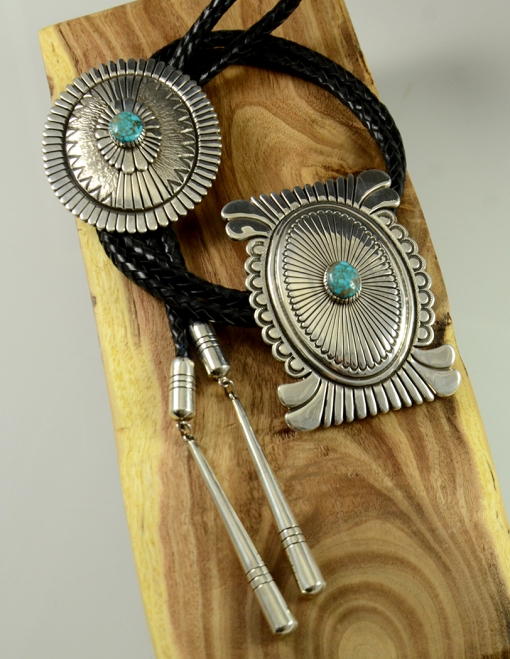 Sterling Silver and Lone Mountain Turquoise Bolo Tie by Navajo Artist Thomas Jim