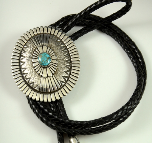 Sterling Silver and Lone Mountain Turquoise Bolo Tie by Navajo Artist Thomas Jim