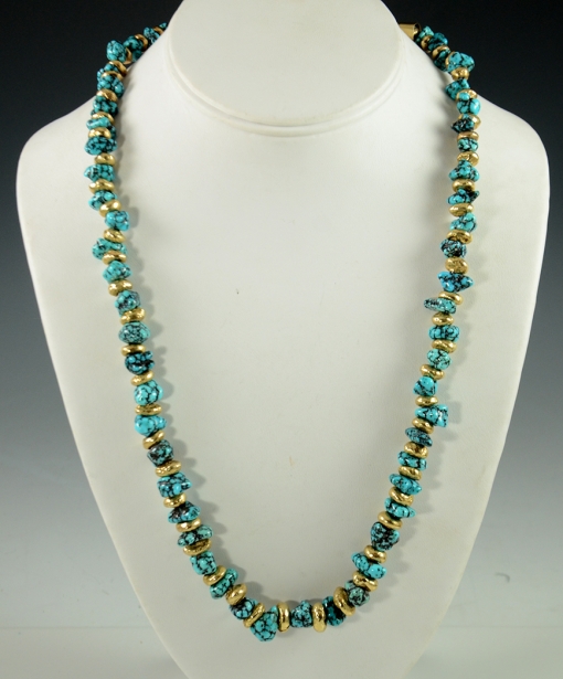 14kt Gold and Lone Mountain Nugget Turquoise Necklace by Eddie Aguilar