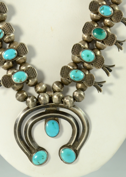 Navajo Silver and Turquoise Box Bow Squash Blossom Necklace