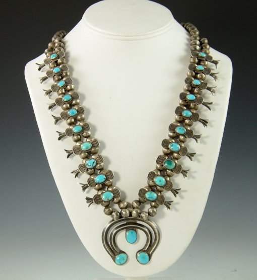 Navajo Silver and Turquoise Box Bow Squash Blossom Necklace