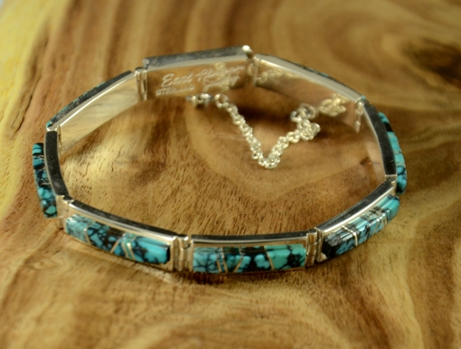 Sterling Silver Bracelet inlaid with Natural Chinese Turquoise by Navajo Artist, Earl Plummer, Sedona Indian Jewelry, Sedona Native American Jewelry, Flagstaff indian Jewelry, Flagstaff Native American Jewelry, Flagstaff Native American Art