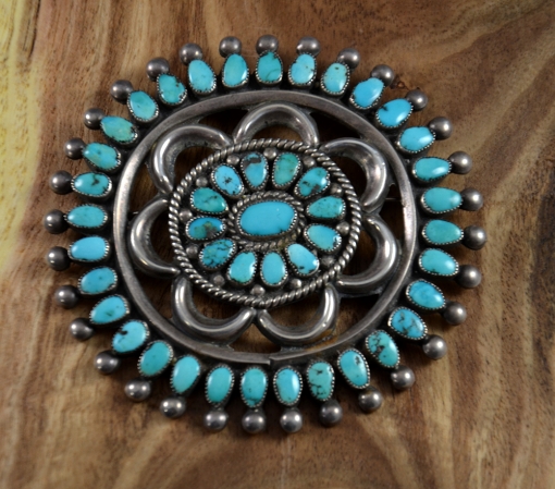 Elegant and wearable vintage old Zuni cluster pin featuring beautiful natural turquoise