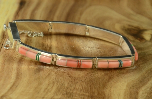 Sterling Silver Bracelet inlaid with Natural Pink Coral by Navajo Artist, Earl Plummer, Sedona Indian Jewelry, Sedona Native American Jewelry, Flagstaff indian Jewelry, Flagstaff Native American Jewelry, Flagstaff Native American Art