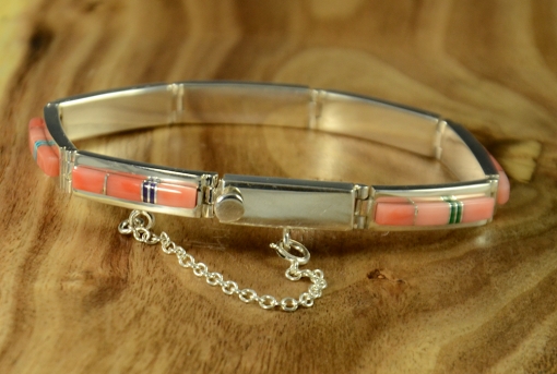 Sterling Silver Bracelet inlaid with Natural Pink Coral by Navajo Artist, Earl Plummer, Sedona Indian Jewelry, Sedona Native American Jewelry, Flagstaff indian Jewelry, Flagstaff Native American Jewelry, Flagstaff Native American Art
