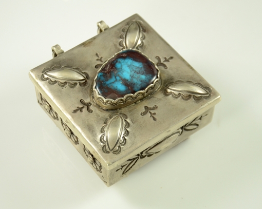 Handmade sterling silver and Bisbee Turquoise box by Laguna Pueblo Artist Greg Lewis, Flagstaff Indian Jewelry, Flagstaff Turquoise Jewelry, Sedona Turquoise Jewelry