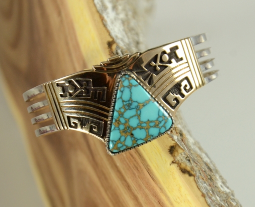 Navajo Silver and Gold Bracelet with Nevada Blue Turquoise by Herbert Taylor