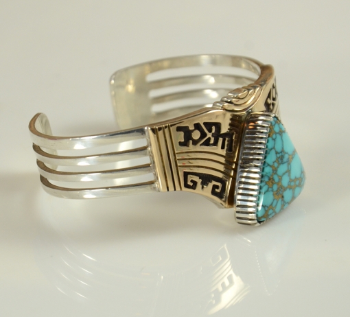 Navajo Lady's Sterling Silver Handmade Bracelet Accented with 14kt Gold Overlay and Nevada Blue Turquoise