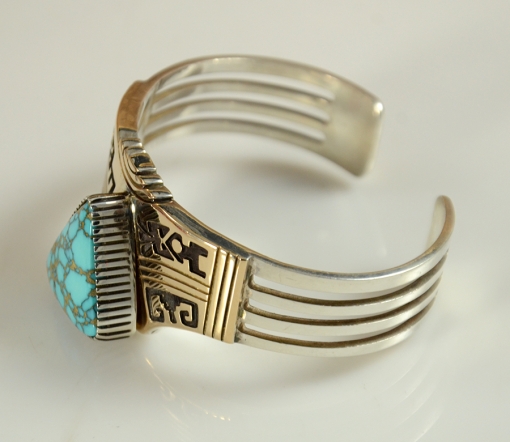 Navajo Lady's Sterling Silver Handmade Bracelet Accented with 14kt Gold Overlay and Nevada Blue Turquoise.