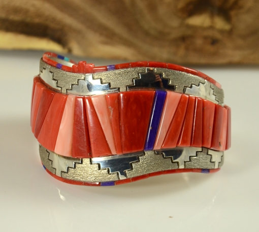 Silver and Coral Inlay Bracelet by Navajo Artist, Vernon Haskie
