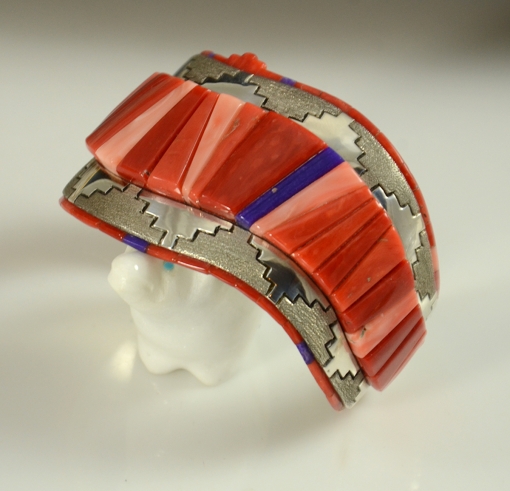 Silver and Coral Inlay Bracelet by Navajo Artist, Vernon Haskie