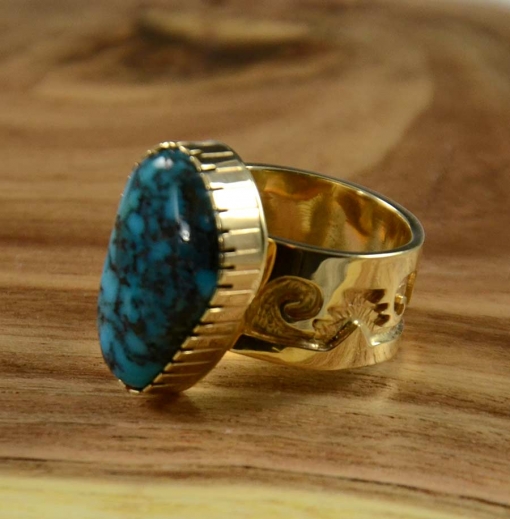 14kt Gold Ring with Lone Mountain Turquoise by Dina Huntinghorse