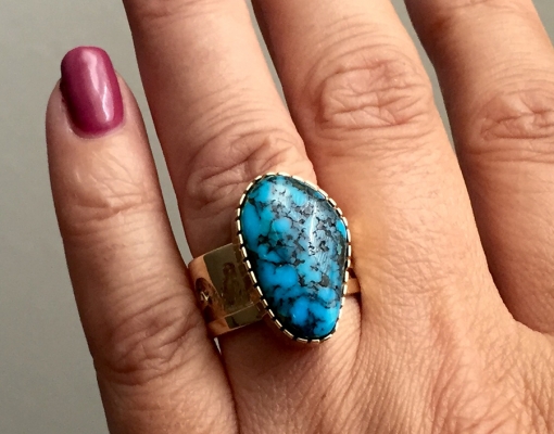 14kt Gold Ring with Lone Mountain Turquoise by Dina Huntinghorse