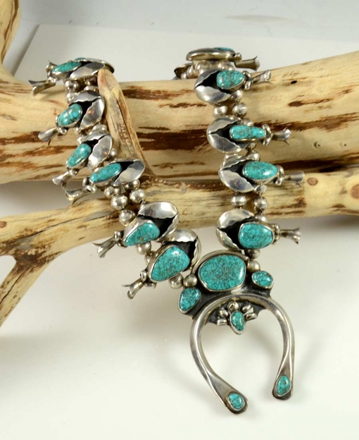 Vintage Navajo Squash Blossom Necklace with Lone Mountain Turquoise