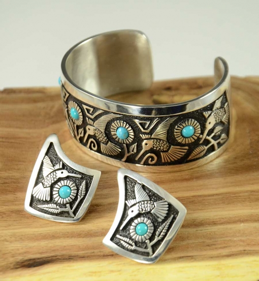 Navajo Silver Hummingbird Bracelet by Philbert Begay