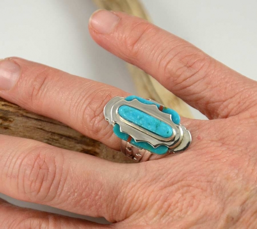 Silver Inlaid Turquoise Ring by Leo Yazzie, Navajo Ring