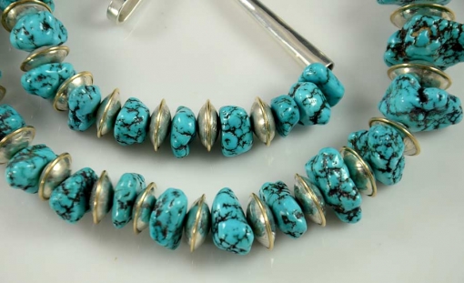 Lone Mountain Turquoise and Silver Bead Necklace by Piki Wadsworth, Hopi Jewelry