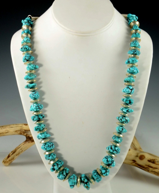 Lone Mountain Turquoise and Silver Bead Necklace by Piki Wadsworth, Hopi Jewelry