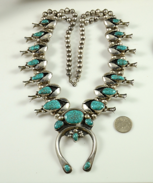 Vintage Navajo Squash Blossom Necklace with Lone Mountain Turquoise