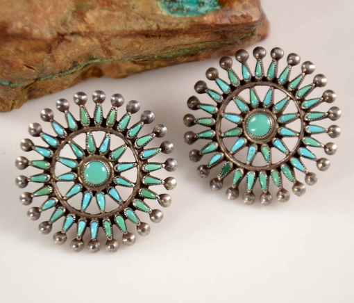 Vintage Needlepoint Zuni Turquoise Earrings