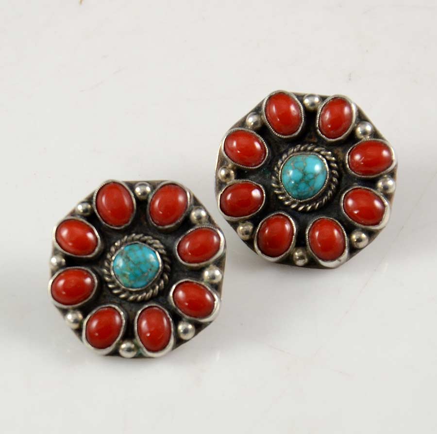 Details about   Vintage Navajo Signed BE Turquoise Coral 1 1/4" Sterling Silver Clip On Earrings 