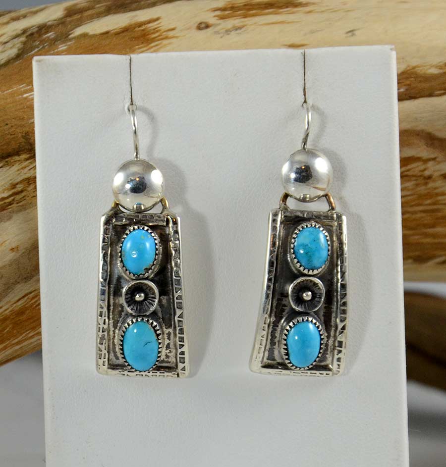 Navajo Turquoise Sterling Silver Dangle Earrings Signed