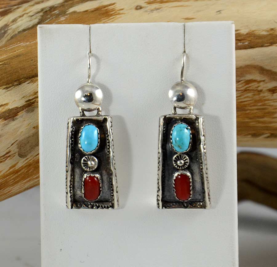 Vintage Navajo Silver Turquoise Coral Earrings Hoel S Indian Shop